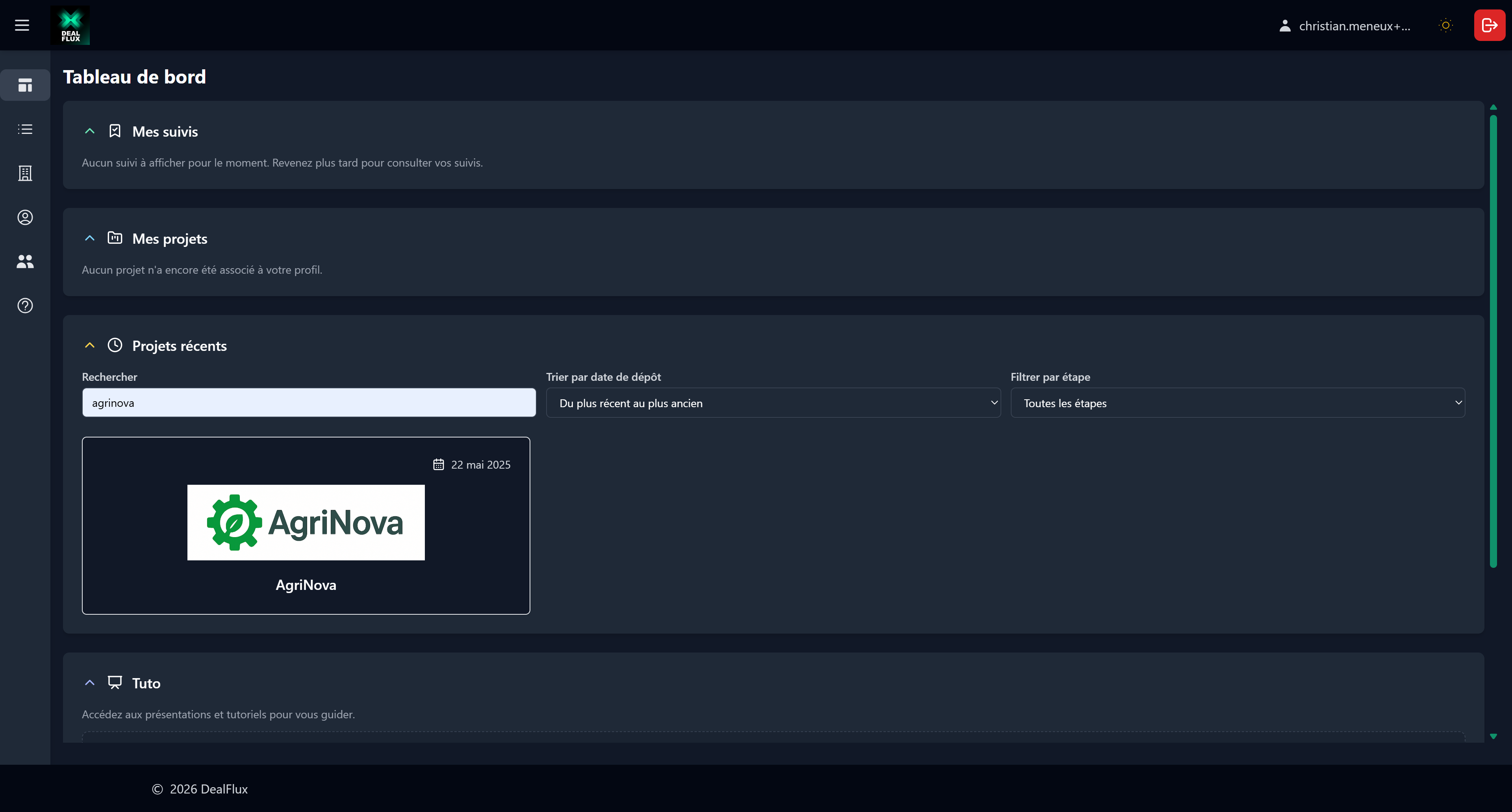 Filtres de la section Projets récents